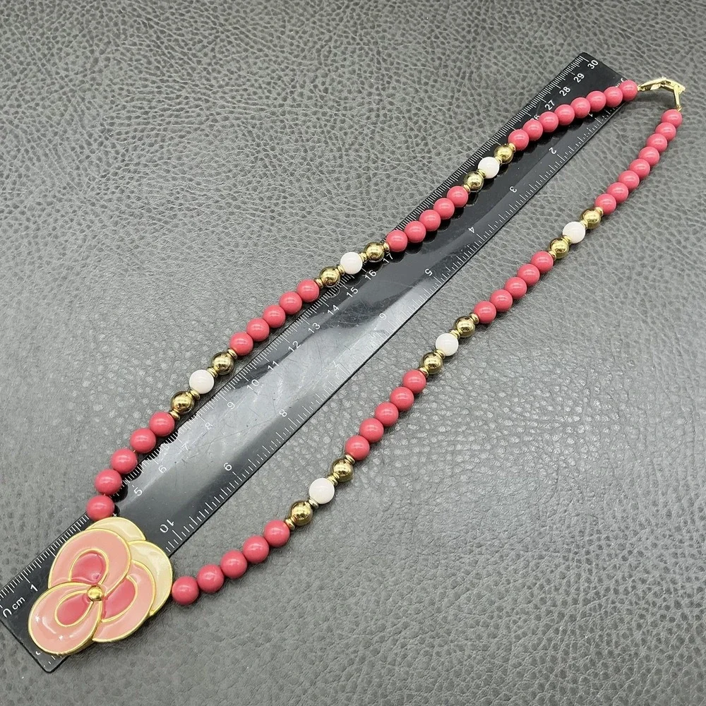 Napier Necklace Pink Beaded Flower Pendant‎ Gold Tone 22 In Womens Statement
